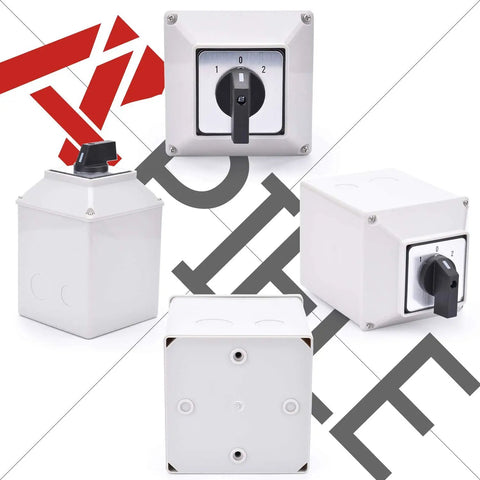3 Position Latching Changeover Selector Switch Box 63A 440V 3 Phase with Universal Rotary Cam in four angles.