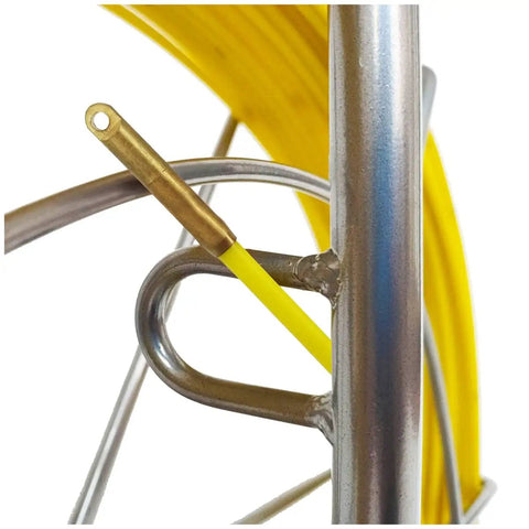 Close-up of Fiberglass Fish Tape Reel For Duct Rodder 6mm By 350ft With Brake System, showing guide ring and yellow fiberglass rod