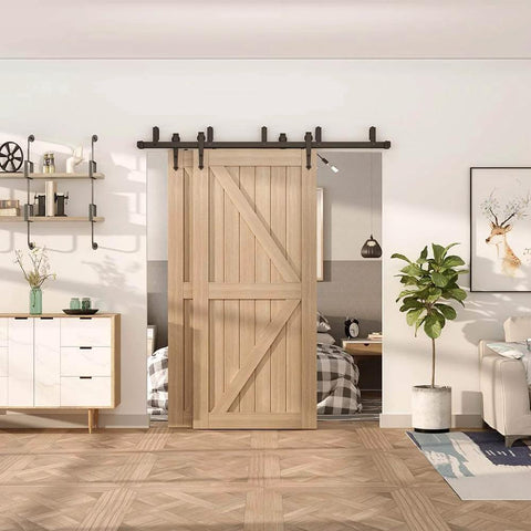 Double Track Bypass Sliding Barn Door Hardware Kit For Two Doors, Low Ceiling Design, Nine Inch Ceiling Clearance installed