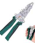 Foldable Wire Stripper And 14 In 1 Tester Kit With Voltage Detector Pro Grade Electrician Pliers open and closed in hand