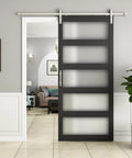Glass Barn Door 42x96 Inch With 5-Panel Frosted Glass, Solid Wood Frame Wrapped In Waterproof PVC Surface, Black Finish