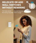 Wireless Light Switch And Receiver Kit No Wiring Required 15A Remote Control Wall Switch For Ceiling Lights Fans Lamps 100 Ft RF Range Programmable Easy Plug And Play Setup in use by woman controlling light remotely