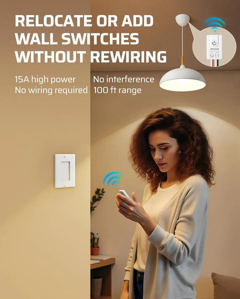 Wireless Light Switch And Receiver Kit No Wiring Required 15A Remote Control Wall Switch For Ceiling Lights Fans Lamps 100 Ft RF Range Programmable Easy Plug And Play Setup in use by woman controlling light remotely