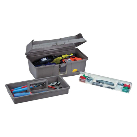 Open Grab N Go 16 Inch Tool Box With Tray Heavy Duty Latches And Handle Graphite Gray And Black Lift Out Tray Two Removable Organizers