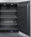 Undercounter Upright Freezer With Sleek Stainless Steel Finish ZeroFuss FrostFree Operation Smartly Engineered For 24 Inch Spaces BuiltIn Or Freestanding Setup Includes Digital Thermostat And Slick Towel Handle interior with chrome wire shelves and digital thermostat display.