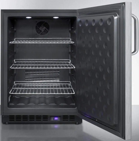 Undercounter Upright Freezer With Sleek Stainless Steel Finish ZeroFuss FrostFree Operation Smartly Engineered For 24 Inch Spaces BuiltIn Or Freestanding Setup Includes Digital Thermostat And Slick Towel Handle interior with chrome wire shelves and digital thermostat display.