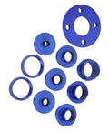 Rock Solid Router Template Guide Bushing Set Crafted From Durable Aluminum Alloy with eight blue precision bushings.