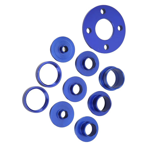 Rock Solid Aluminum Router Template Guide Bushing Set With Secure Locking Nuts Heavy Duty Woodworking Kit For Smooth Routing And Quick Template Swaps Zero Grind Pro Finish 10 Piece, blue aluminum rings and base.