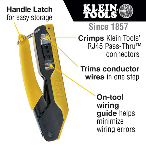 RJ45 Ethernet Cable Tester And Crimper Kit With Pass Thru Technology, features a yellow and black crimper tool with wiring guide.