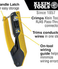 Pro Grade Data Cable Crimper And Pass Through CAT6 Modular Plug Kit 50 Pack Tool Set For Fast Ethernet Installations Easy Pass Through Assembly Tools 2 Piece Kit shown with features labeled