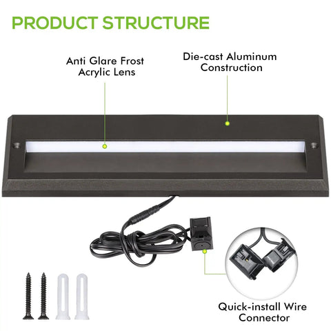 Low Voltage LED Landscape Deck Light Kit 10 Inch 6W 122LM 12V Wired showing die-cast aluminum and wire connector