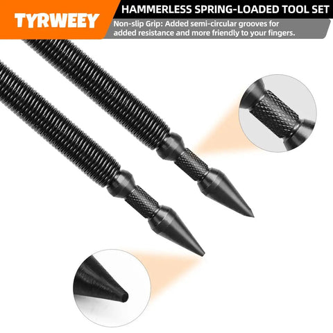 Close-up of dual head nail sets from Five-Piece Nail Setter And Center Punch Kit with spring-loaded hinge pin remover.