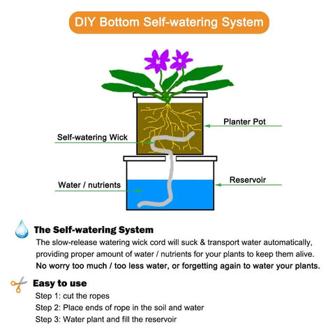 Diagram of DIY bottom self-watering system with Fifty Feet One Quarter Inch Self Watering Capillary Wick Rope For Plants DIY Vacation Watering System Plant Sitter Wicking Line For Potted Flowers Seedlings Hydroponic Gardens Automatic Waterer For Planters.