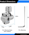 Piercing valves set, 10-pack BPV-31 with gaskets and 10 wrenches; metal silver for 1/4–3/8 in HVAC pipes