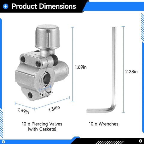 Piercing valves set, 10-pack BPV-31 with gaskets and 10 wrenches; metal silver for 1/4–3/8 in HVAC pipes