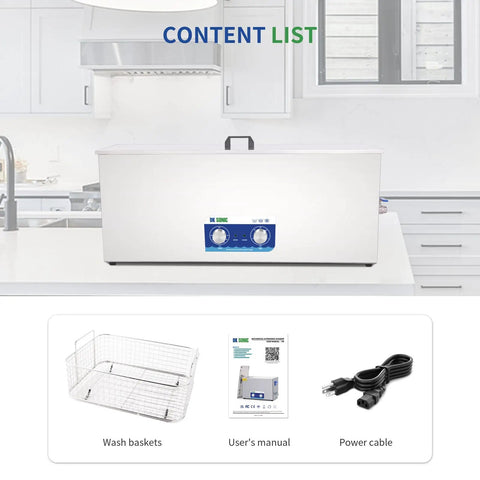 Garage Ready 30 Liter Ultrasonic Cleaner With Heater And Timer To Knock The Grime Off Rifles Bike Carburetors Motorcycle Chains And Engine Parts In Heavy Duty Steel Tank With Wash Basket with control panel in clean kitchen setting.