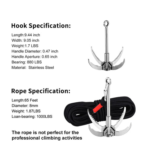 Stainless Steel 4 Claw Grappling Hook With Carabiner And 65ft 8mm Nylon Rope specifications displayed.