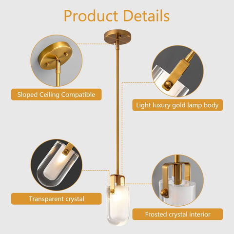 Gold Pendant Light Fixture Modern Mini Crystal Chandeliers with transparent and frosted crystal for kitchen or dining room