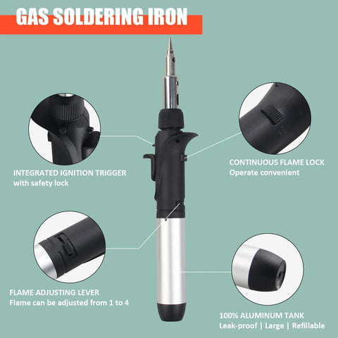 Butane Soldering Iron Kit With Self Ignition, Adjustable Flame Up To 2372 F labeled features of cordless soldering torch