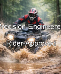 ATV riding through mud with text 'Precision-Engineered Rider-Approved' showcasing Rincon Rancher Foreman Rubicon A Arm Bushing Set Upper And Lower Replacement Kit For ATV Front Suspension Durable High Grade Bushings Compatible With 1990s Through 2021 FourTrax Quad Models