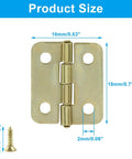 Gold Mini Butt Hinges Set 0.63 x 0.70 Inches with mounting screws for small cabinets and dollhouses, shown with dimensions and screw size.