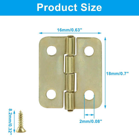 Gold Mini Butt Hinges Set 0.63 x 0.70 Inches with mounting screws for small cabinets and dollhouses, shown with dimensions and screw size.