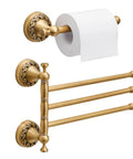 Wall Mounted Antique Brass Bathroom Hardware Set Bringing A Straight Up Premium Vibe With A Rock Solid Three Arm Swivel Towel Rack And Sleek Toilet Paper Holder showing three-arm swivel towel rack and toilet paper holder.