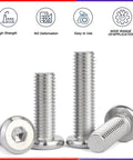 Heavy Duty 304 Stainless Steel Flat Head Hex Socket Screws With Allen Key Fully Threaded Machine Fasteners For Furniture And Garage No Sweat Assembly Hardware Kit Of Twenty Pieces showing three bolts with various lengths.