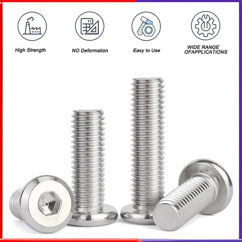 Heavy Duty 304 Stainless Steel Flat Head Hex Socket Screws With Allen Key Fully Threaded Machine Fasteners For Furniture And Garage No Sweat Assembly Hardware Kit Of Twenty Pieces showing three bolts with various lengths.