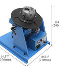 Heavy Duty 10Kg Welding Positioner Turntable With 65mm Chuck Rotating 0 To 90 Degree Table for flanges, showing dimensions and controls.