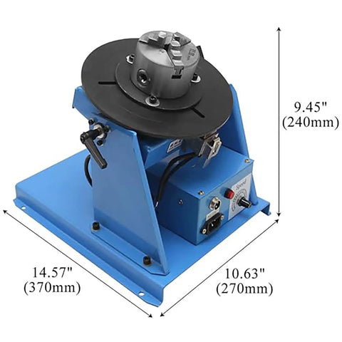 Heavy Duty 10Kg Welding Positioner Turntable With 65mm Chuck Rotating 0 To 90 Degree Table for flanges, showing dimensions and controls.