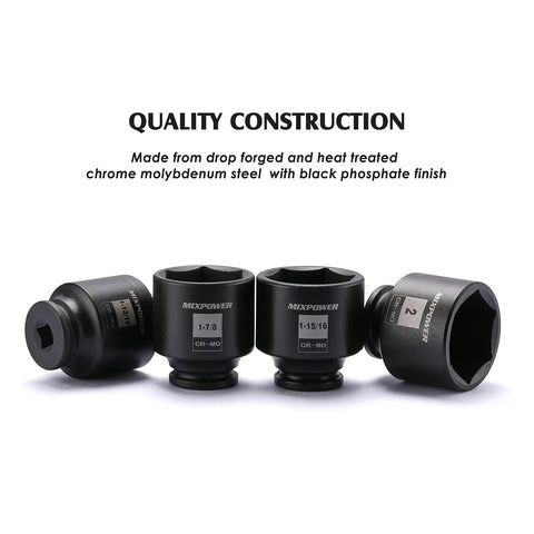 1/2-Inch Drive Impact Socket Set 6-Point Cr-Mo Heavy-Duty 4-Piece with 1-13/16, 1-7/8, 1-15/16, 2 Inch Sizes showing in quality construction