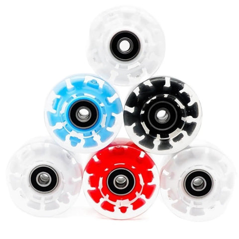 Quad Roller Skate Wheels 4 Pack With Light Up RGB Bearings, stacked in white, blue, black, and red urethane, for double row skating.