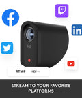 Mevo Start Wireless Streaming Cam With Legit 1080P HD Clarity Plug Straight Into Your Hotspot showing logos of social media platforms.