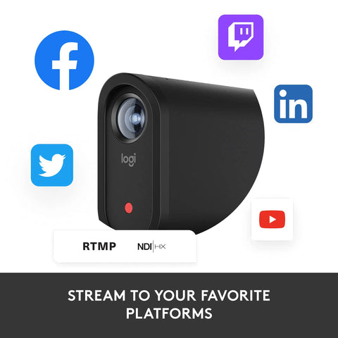 Mevo Start Wireless Streaming Cam With Legit 1080P HD Clarity Plug Straight Into Your Hotspot showing logos of social media platforms.