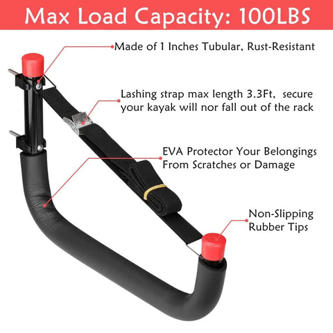 Beefy Wall Mount Kayak Storage Rack With Lashing Straps, Heavy Duty Garage Hanger, EVA Foam Protected, Black And Red, 100 Lb Capacity