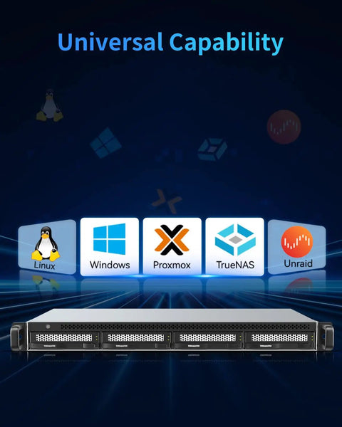 Rock Solid Four Bay 1U Rack Mount Diskless DAS Hard Drive Enclosure featuring icons for Linux, Windows, Proxmox, TrueNAS, Unraid.