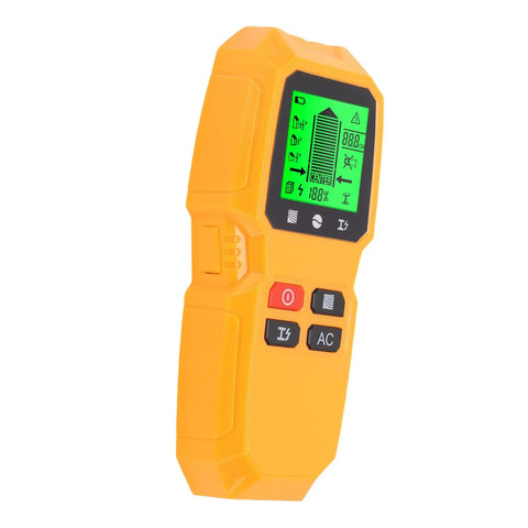 Jiawu Stud Finder LCD Display Electrician Wire Scanner for Hanging Shelves or Mounting TVs, Wall Detector, yellow device side view.
