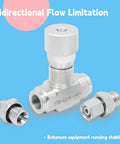 Front view of aluminum STB-G3/8 hydraulic bidirectional flow control valve with knurled knob and two threaded adapters