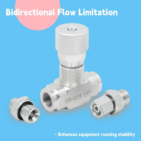 Front view of aluminum STB-G3/8 hydraulic bidirectional flow control valve with knurled knob and two threaded adapters