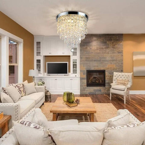 Three Light Crystal Chandelier Mini Flush Mount Ceiling Light Modern Pendant for Bedroom Hallway Bar, 12.2 Inch Height by 9.8 Inch Wide, G9 LED Bulbs Not Included, Cozy Warm Glow in living room setting