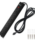 Beefy Aluminum Wall Mount Power Strip With Six Outlets And Long Ten Foot Cord, 14 AWG Power Cable, 15A 125V 1875W, Black Metal Socket