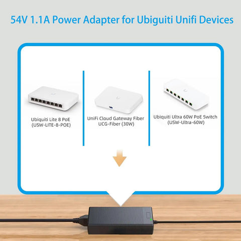 54V DC 1.1A Power Adapter For UniFi Lite 8 PoE Switch, 59.4W Replacement PSU, High Quality 54V Power Supply Cord Cable, Plug And Play, Compatible With NY-PW0L2-05401100, No Hassle Install. Black rectangular 54V 1.1A power adapter with cable for Ubiquiti UniFi devices