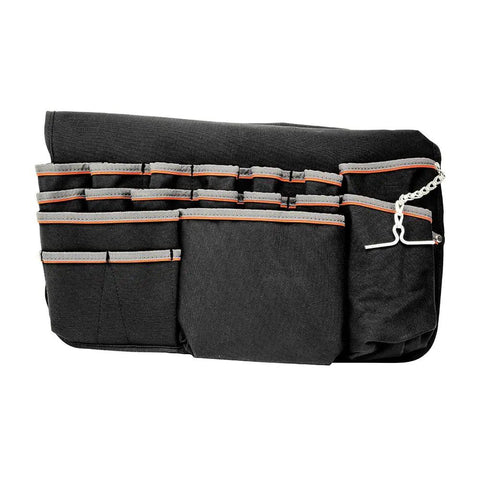 Close-up of a Beefy Bucket Tool Bag That Fits A 5 Gallon Bucket With 45 Pockets And Chain Tether Double Layer Polyester Edges