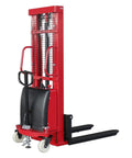 Rock Solid Electric Pallet Stacker With 3300 Lbs Load Capacity And 118 Inch Max Lift Height featuring steel forks and foot pedal control.