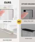 Comparison of Brushed Nickel Finger Edge Pulls with sharp edges of other brands, highlighting larger space and polished design.