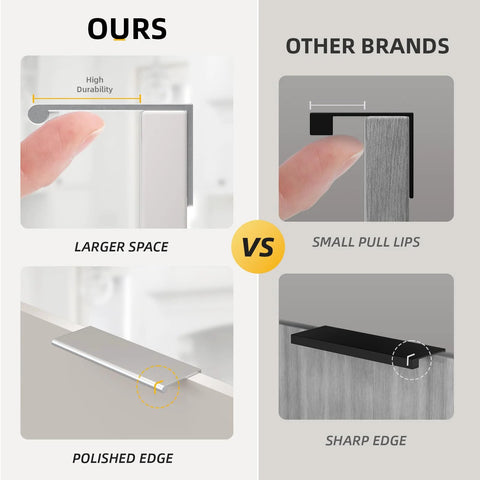 Comparison of Brushed Nickel Finger Edge Pulls with sharp edges of other brands, highlighting larger space and polished design.