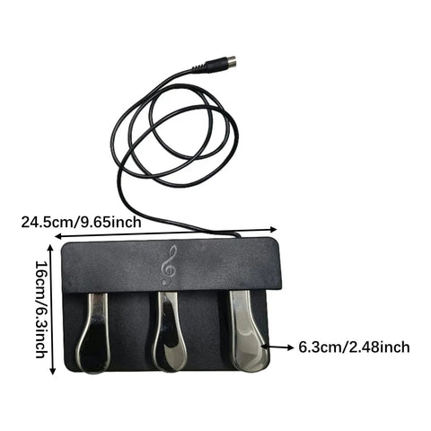 Top view of Three-Foot Pedal Unit For Digital Pianos And Keyboards With Universal 5-Pin Round Interface, Compact 9.65 By 6.3 By 2.48 Inch.