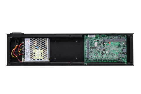 Built Tough 6 Port Network Firewall Mini Pc With Intel Celeron Cpu And 4Gb Ddr4 Ram 128Gb Msata Ssd Aluminum Enclosure internal view of power supply and motherboard.