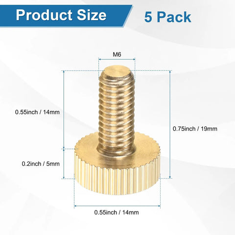 Five Pack Knurled Thumb Screws M6x14mm Solid Brass Flat Head Fully Threaded Knobs Bolts Fasteners - Product Size Diagram